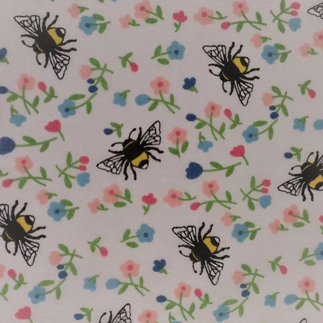 Polyester Cotton Print Bumble Bee White/Blue